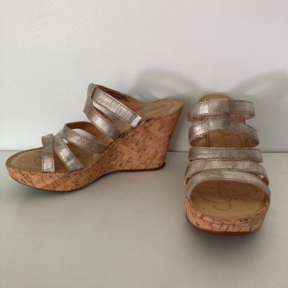 Silver Metallic BORN Lisi Cork Wedge Sandals 6 36.5 - Picture 3 of 10